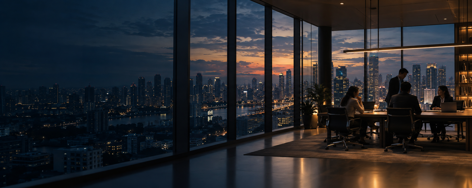 A contemporary operations team collaborating in a Manila office at dusk